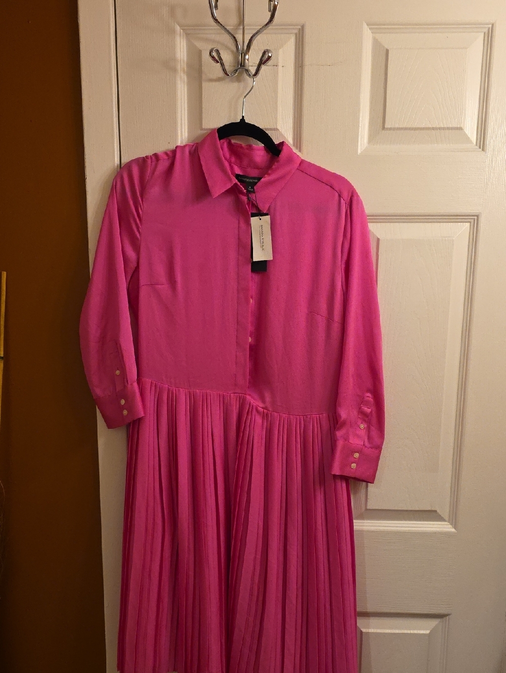 Banana Republic Vibrant Pink Long-Sleeve Pleated Dress